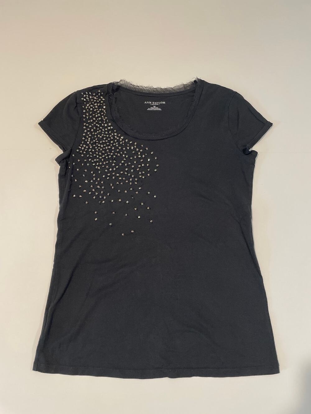 Ann Taylor Black Short Sleeve Top Size M with Gold Diamond Sequin Detail